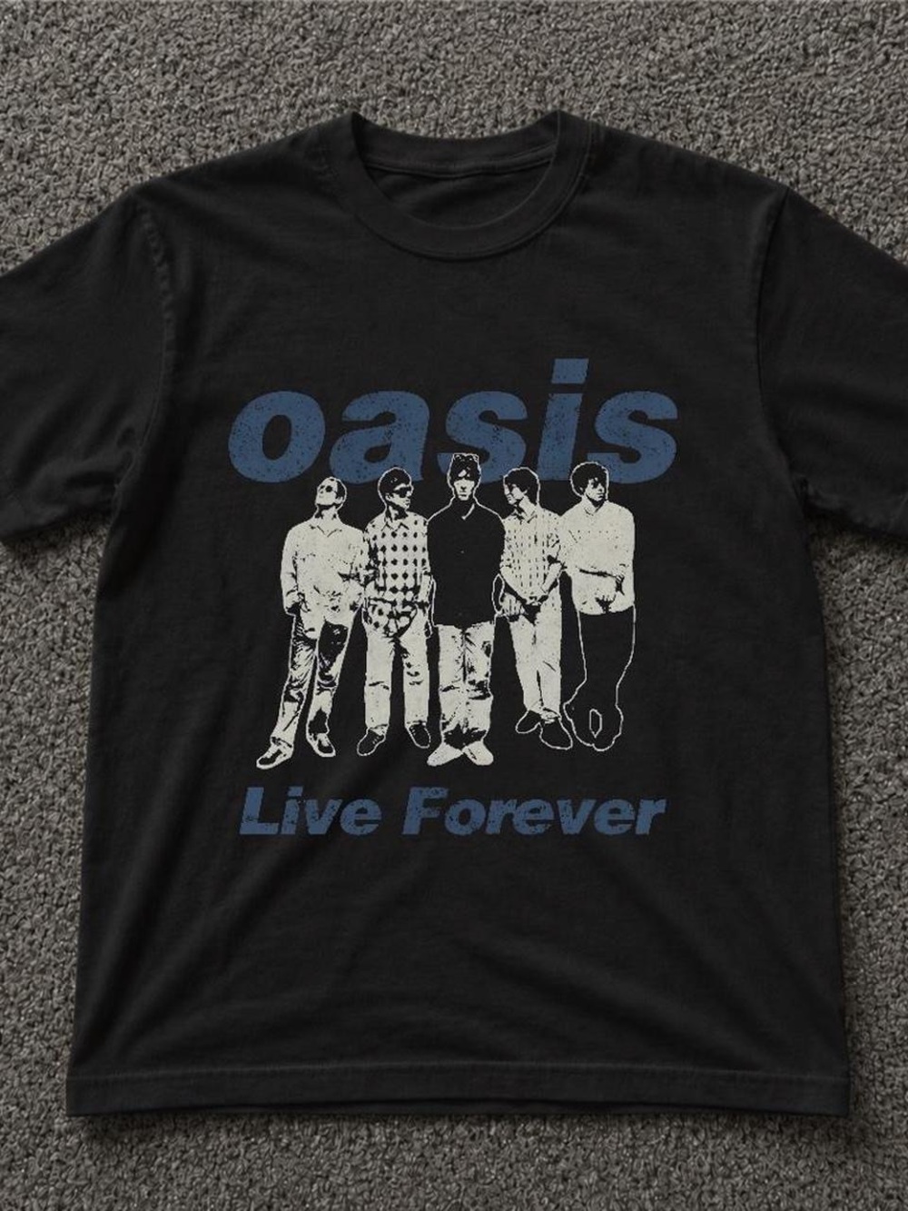 Gildan Black Oasis 'Live Forever' Band Graphic Tee with Blue Print